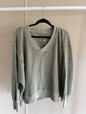 American Eagle Outfitters Sage Green Waffle Knit V-Neck Sweater